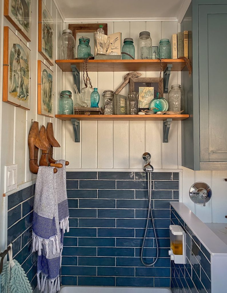 Dog shower with blue tile, vintage animal prints, and shelves