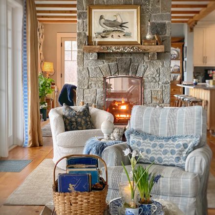 Transitioning from winter to spring with fresh decor in my coastal Maine cottage living room.