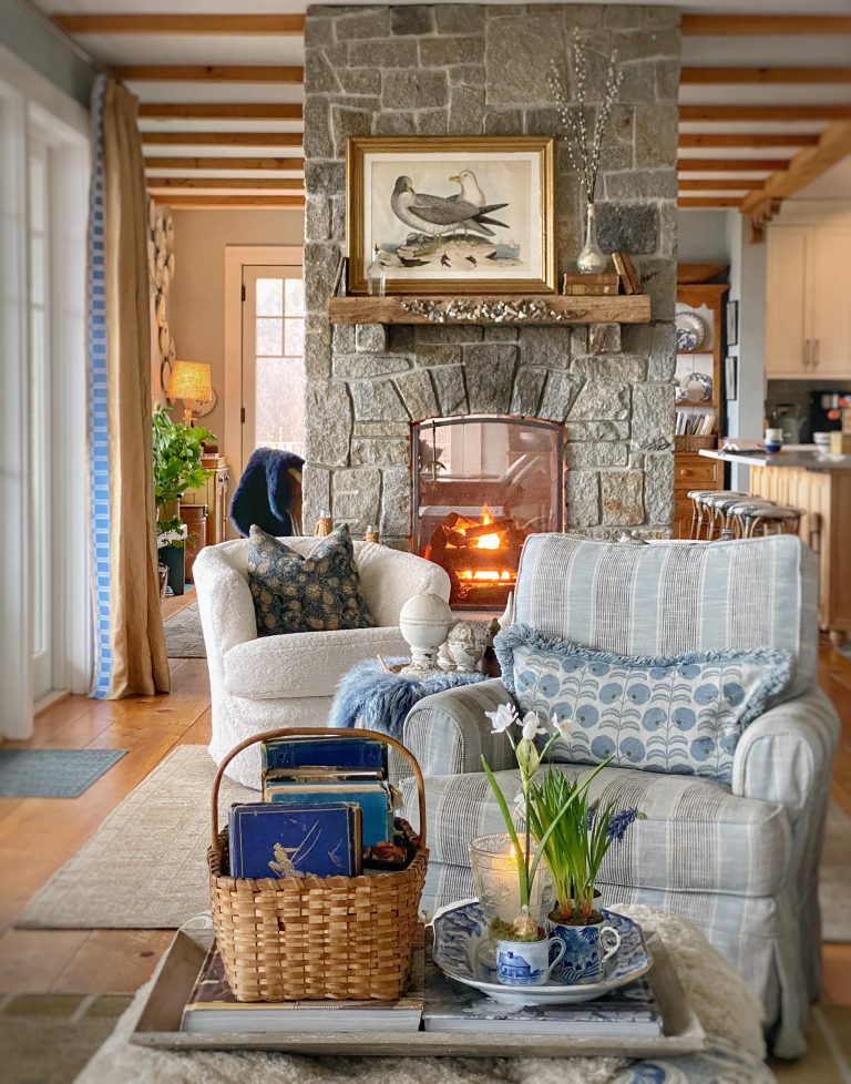 Transitioning from winter to spring with fresh decor in my coastal Maine cottage living room.