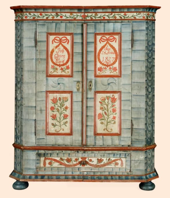 Blue and red painted antique Austrian marriage cupboard