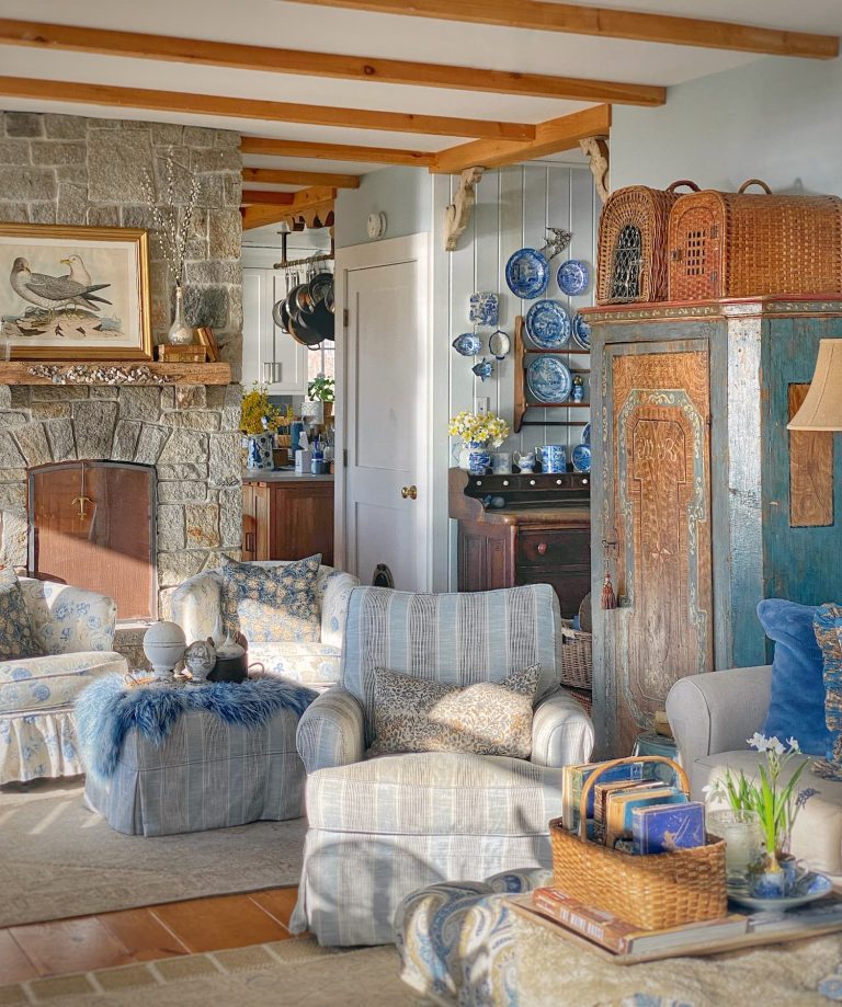 Antique European Painted Marriage Cabinet in Maine Coastal Cottage living room.