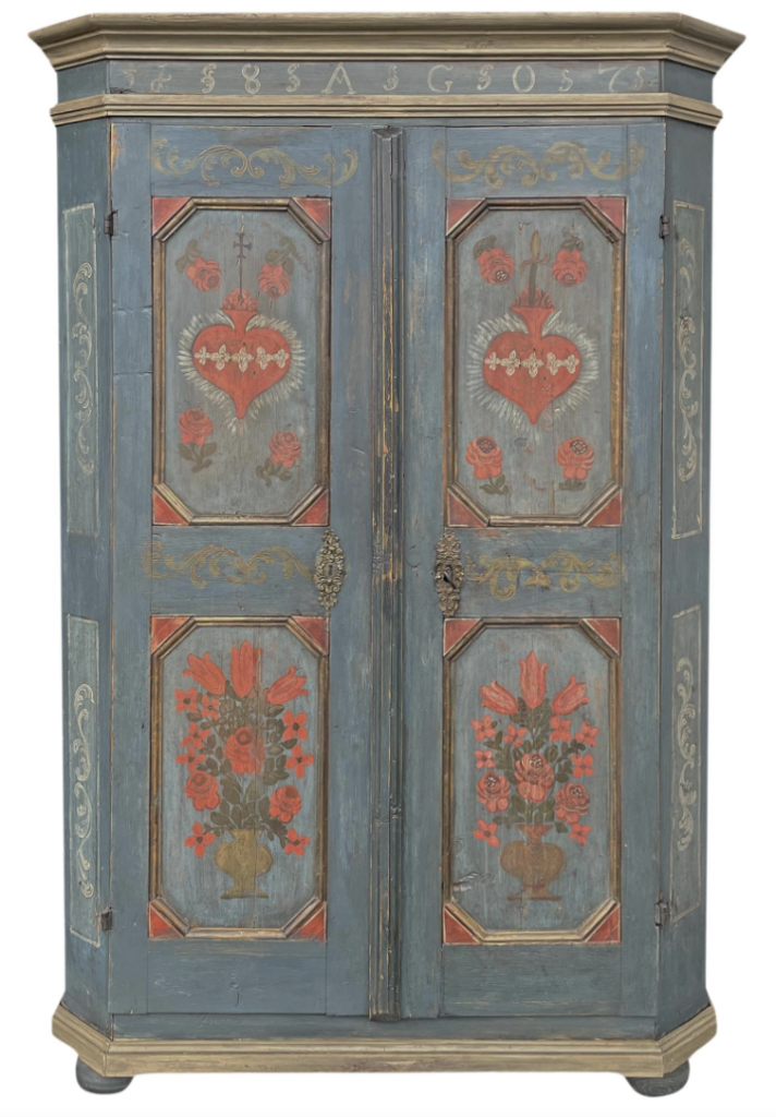 Red and blue painted antique Tyrolean cabinet on 1st Dibs