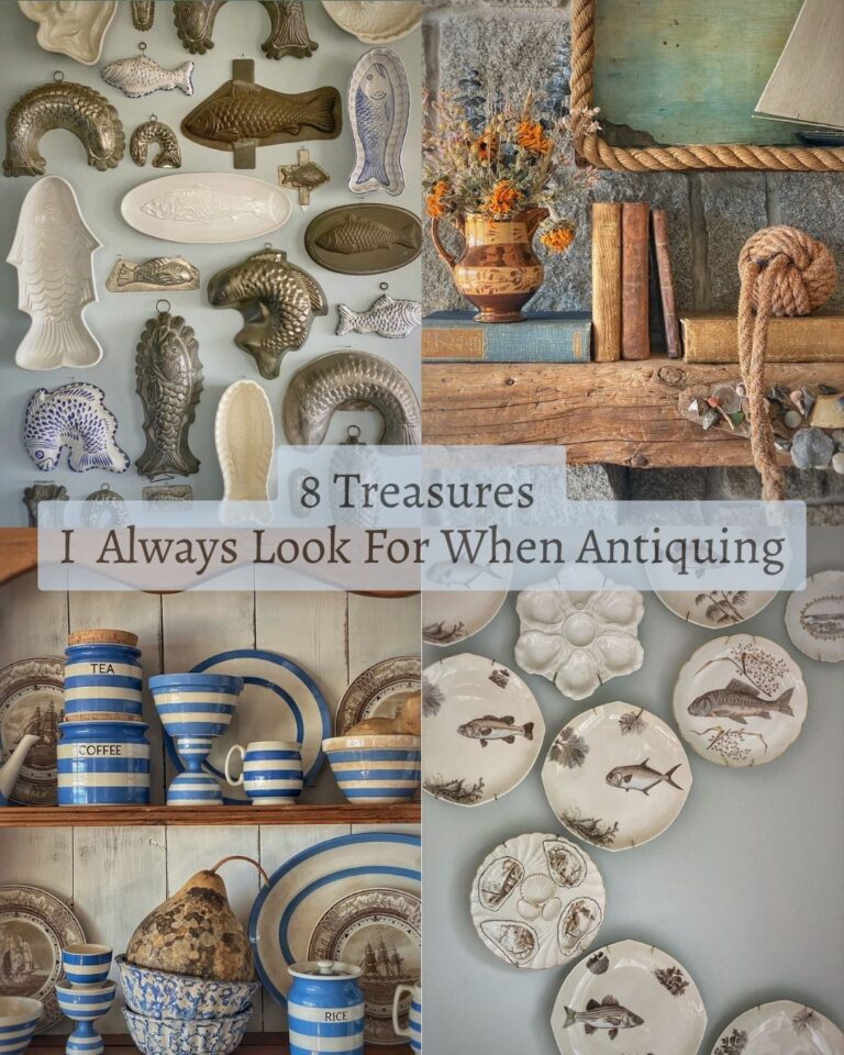 Collage of vintage coastal treasures including fish molds, Cornishware, fish plates, and a mantel display with dried flowers and books